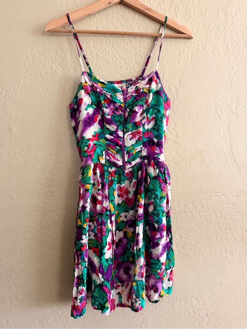 Vintage Faded Glory White Floral Mini Dress with Green & Purple Accents